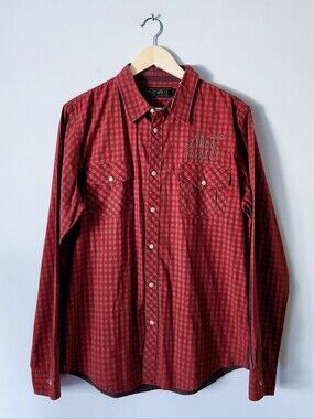 AKOO Men's Red & Brown Checked Button-down Shirt Sz L